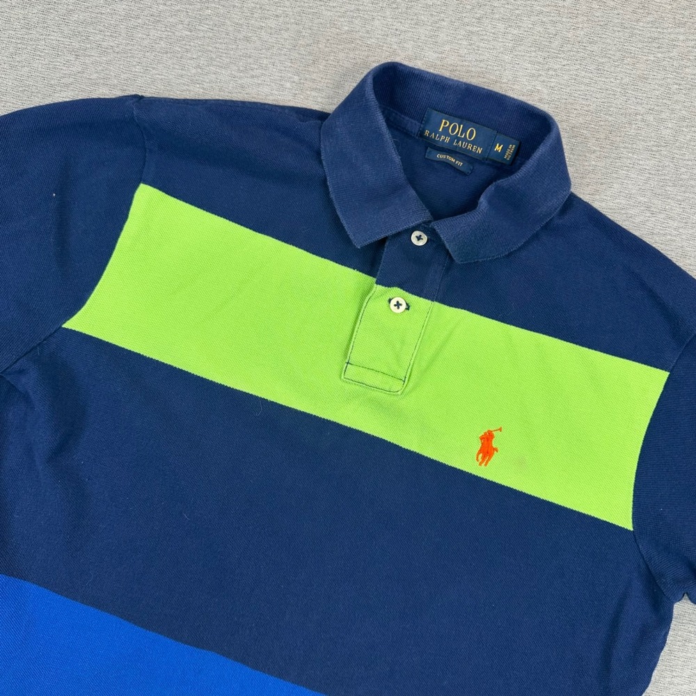 Ralph Lauren Polo Shirt Mens M Custom Fit Navy Neon Green Colorblock Preppy